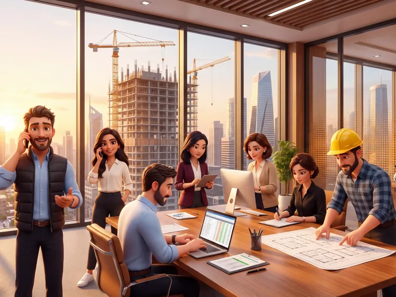 L'équipe des assistants Talos au travail dans un bureau donnant sur un chantier