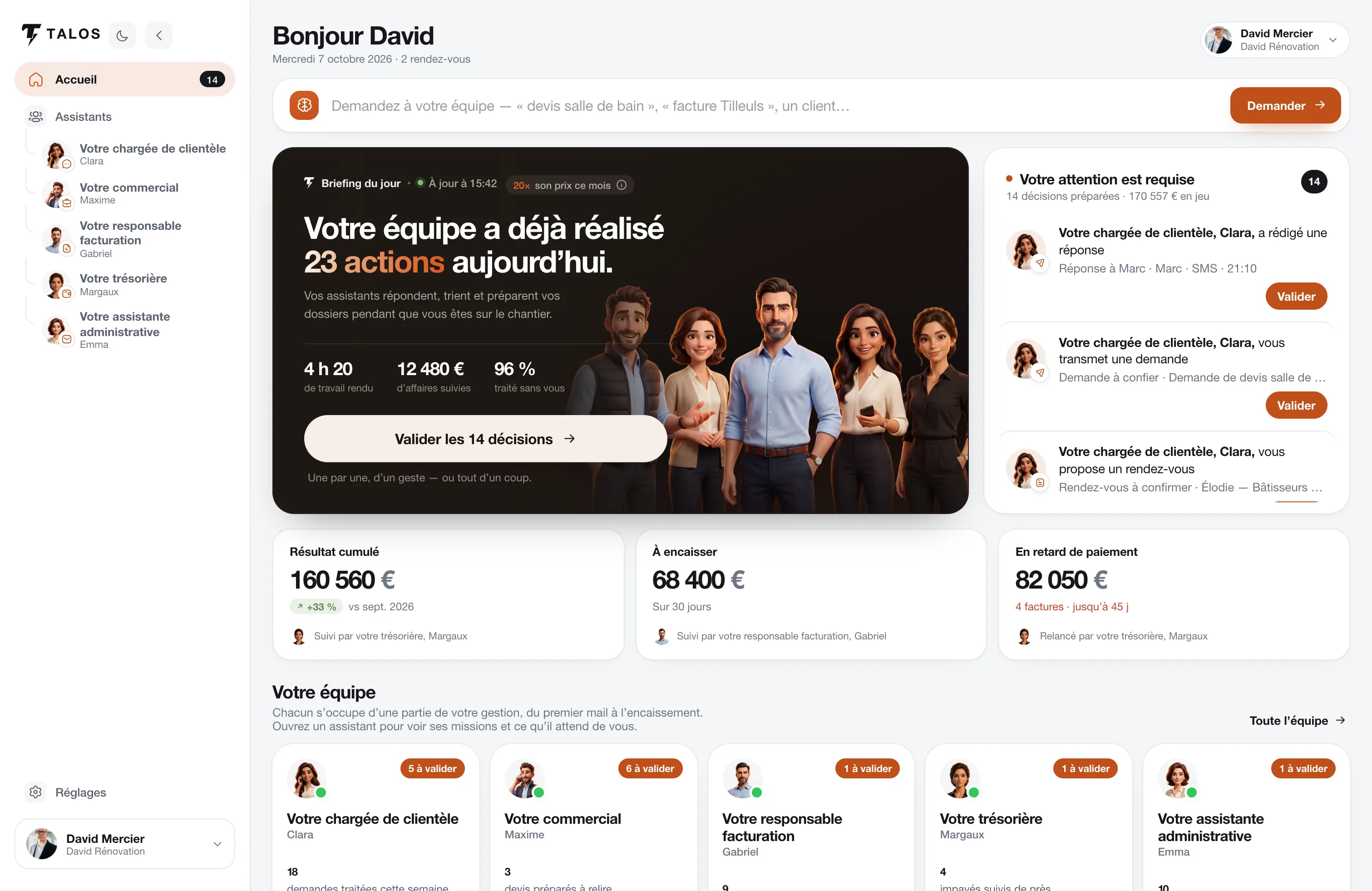 Tableau de bord Talos : le briefing du jour, les décisions à valider et l’équipe d’assistants
