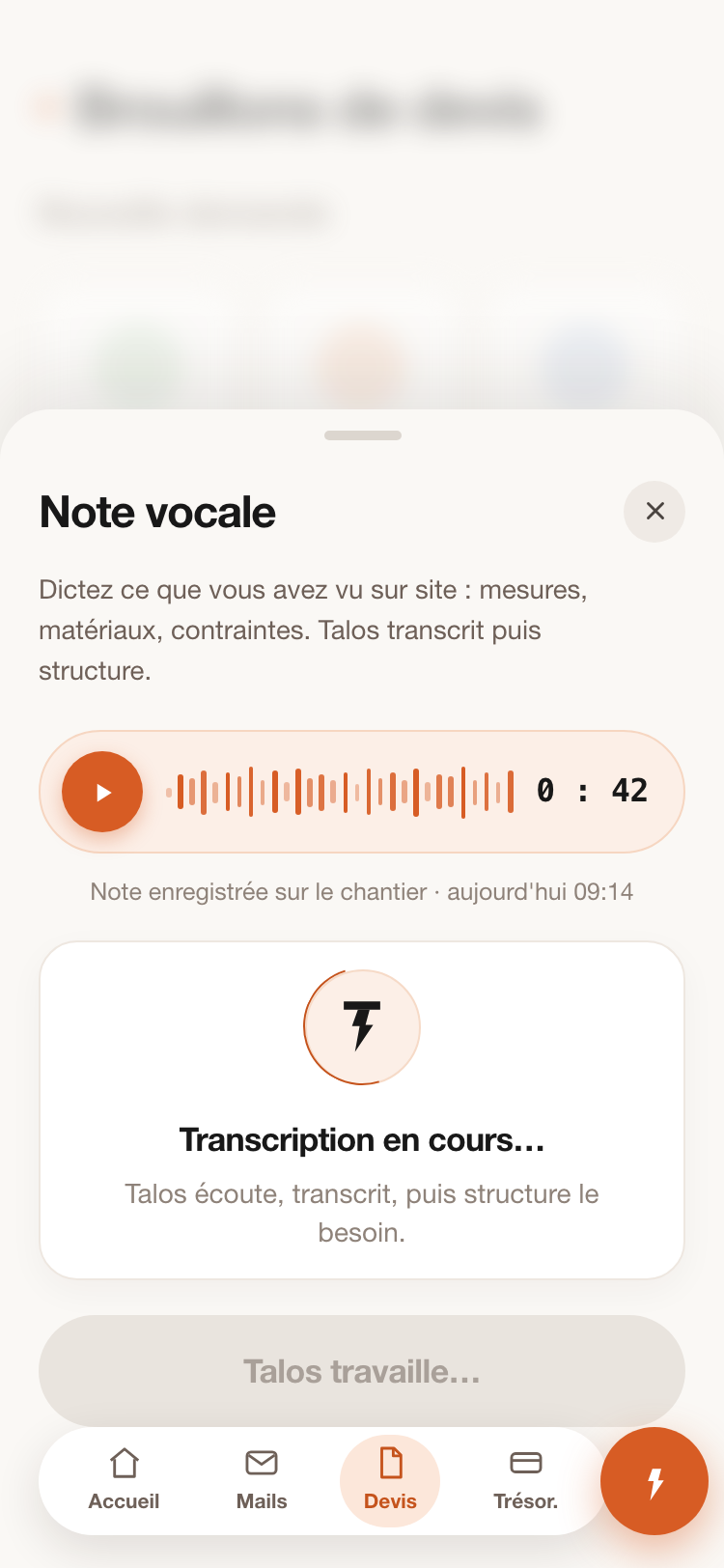 Note vocale dictée depuis le chantier
