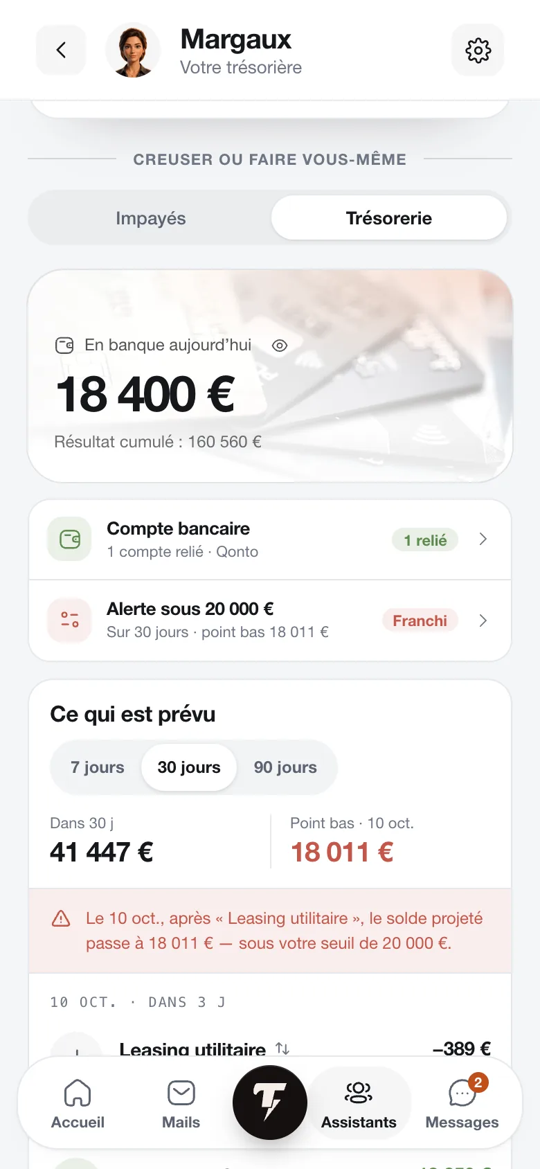 Écran de la prévision de trésorerie et des encaissements à venir