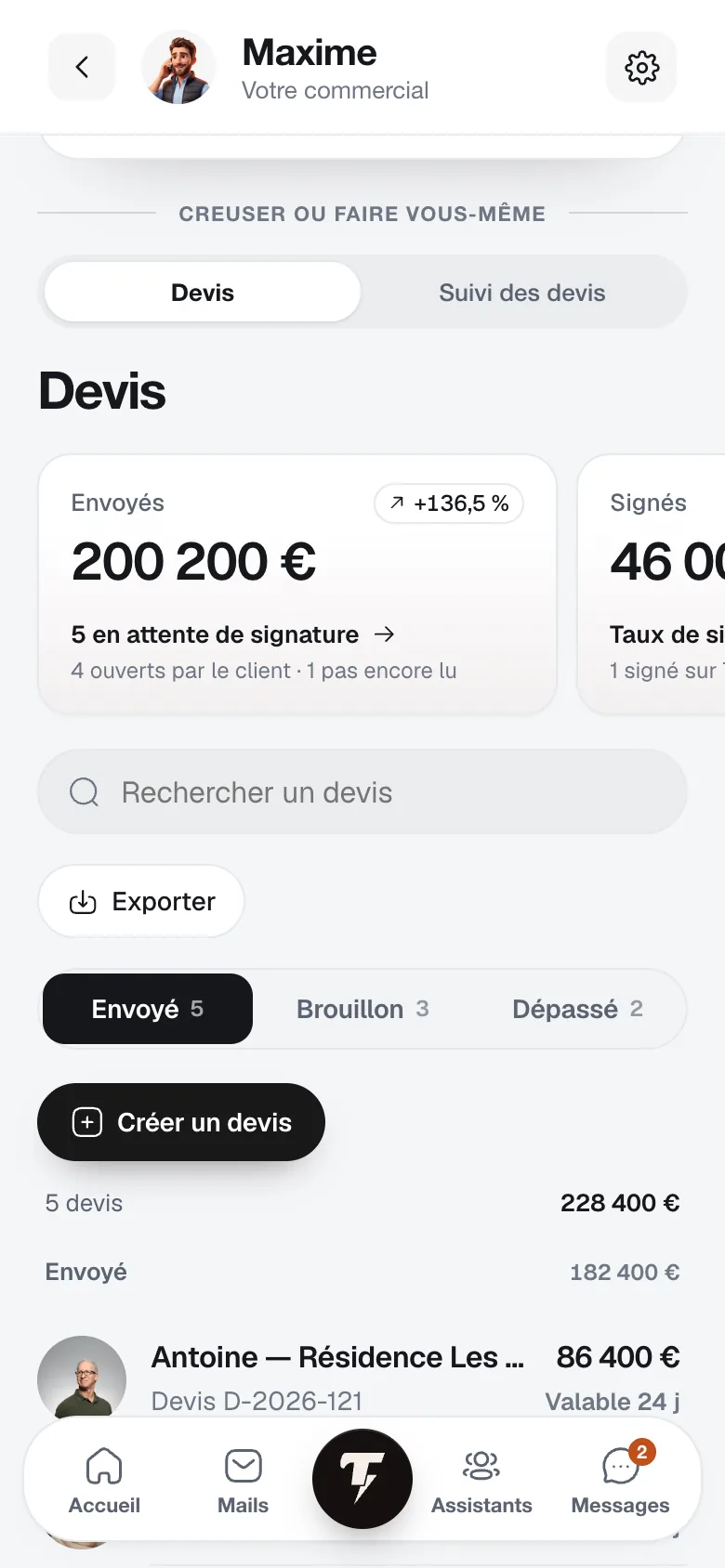Écran du devis signé qui bascule en facture