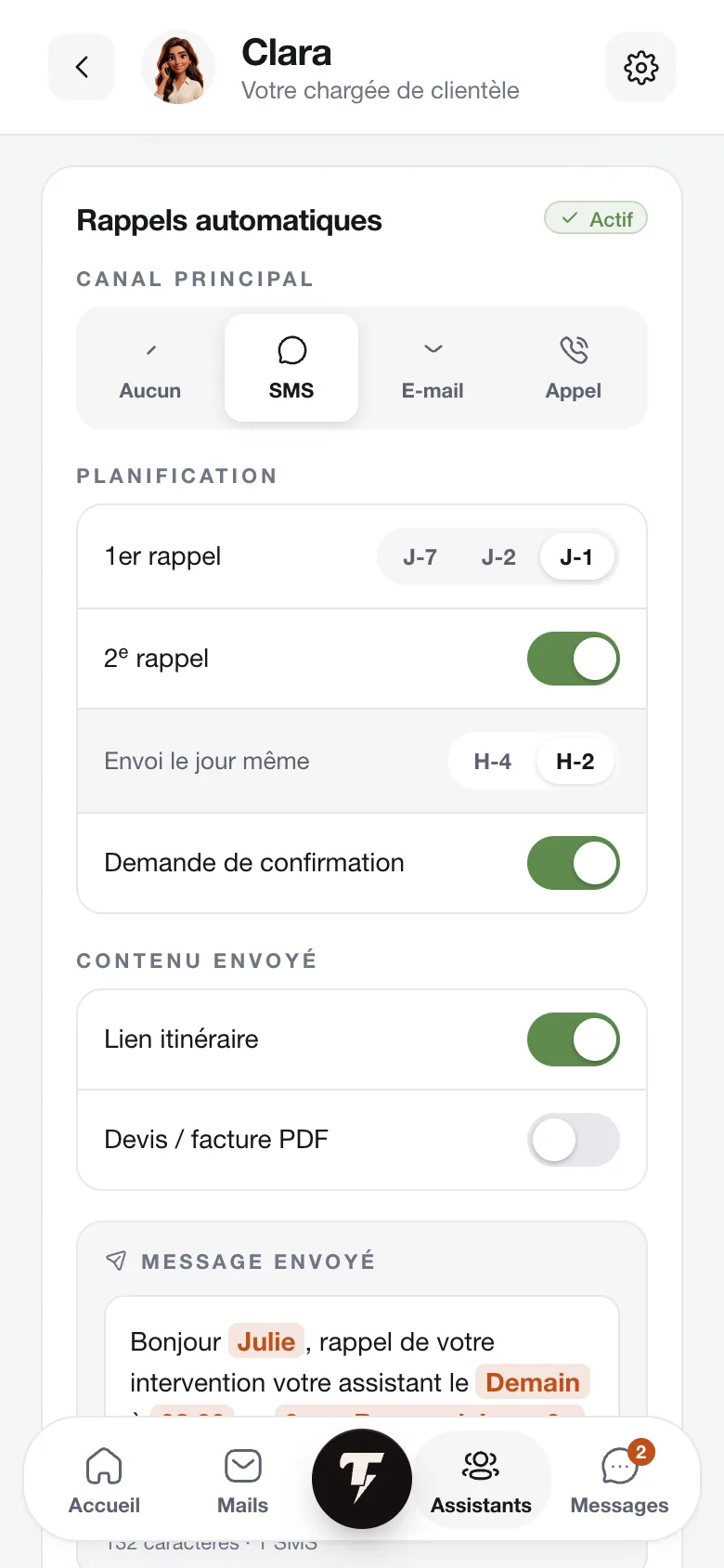 Écran des rappels de rendez-vous envoyés aux clients