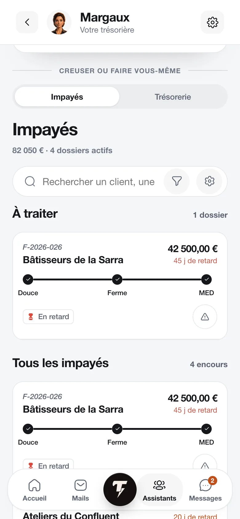 Écran des factures en retard, classées par ancienneté