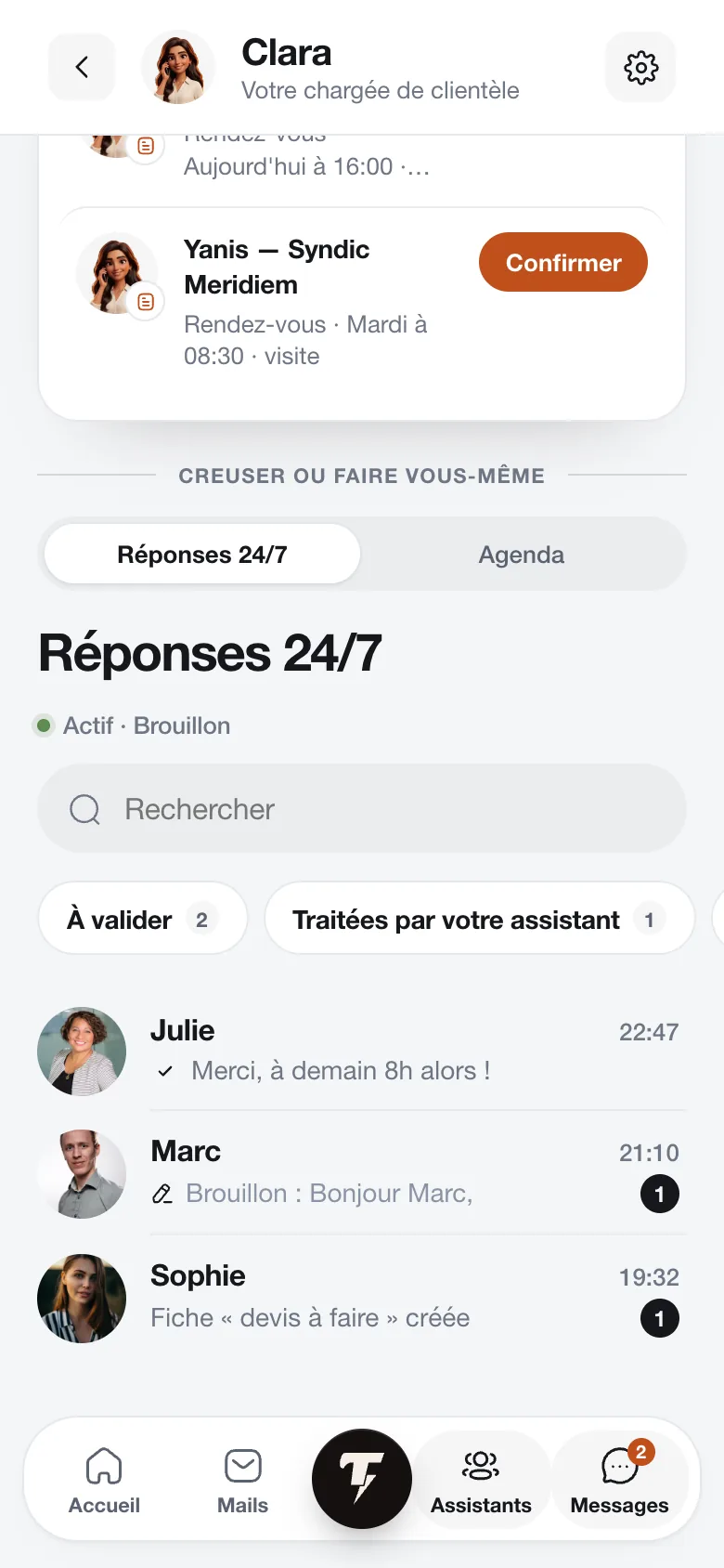 Écran du résumé d'un long échange de mails