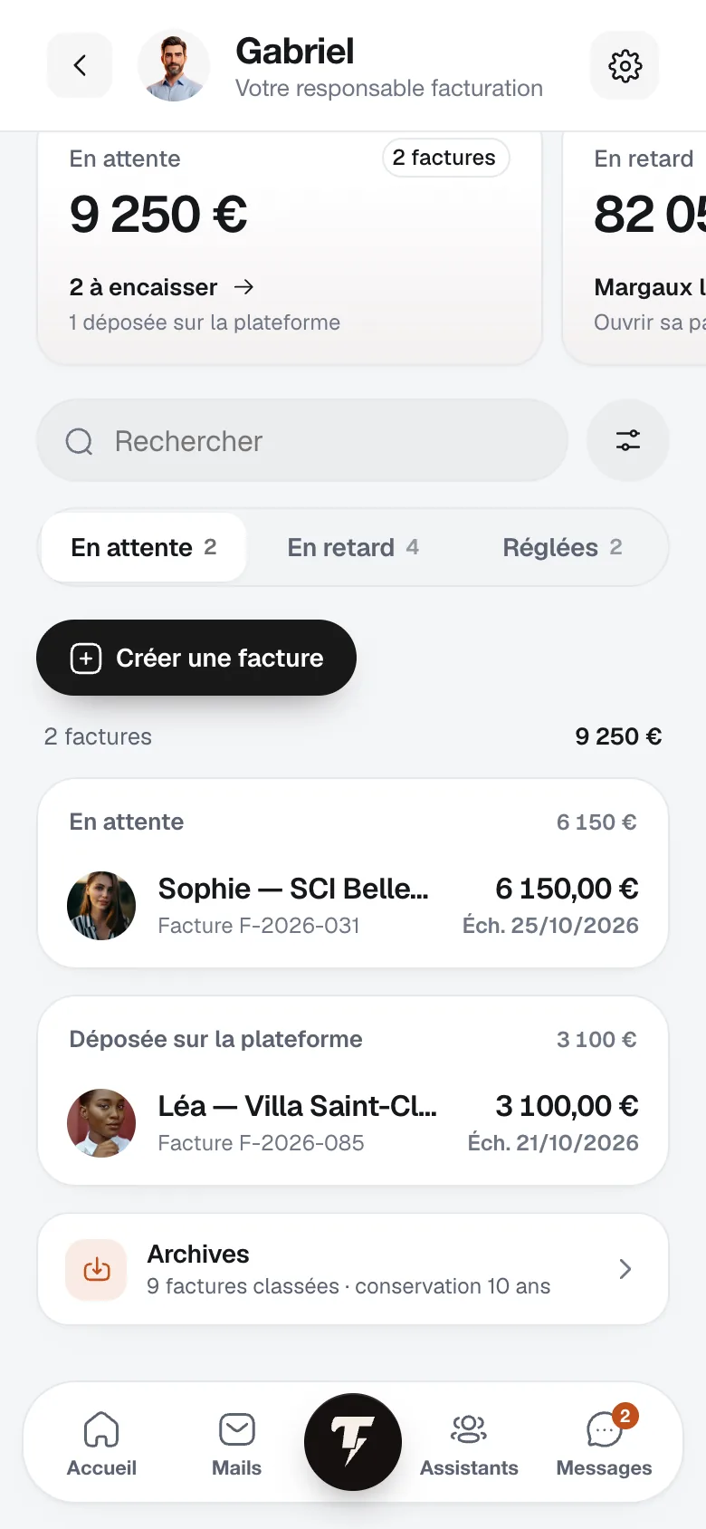 Écran de l'archive des factures et de l'export comptable