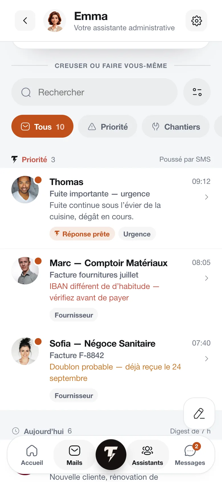 Écran de la boîte mail triée en catégories
