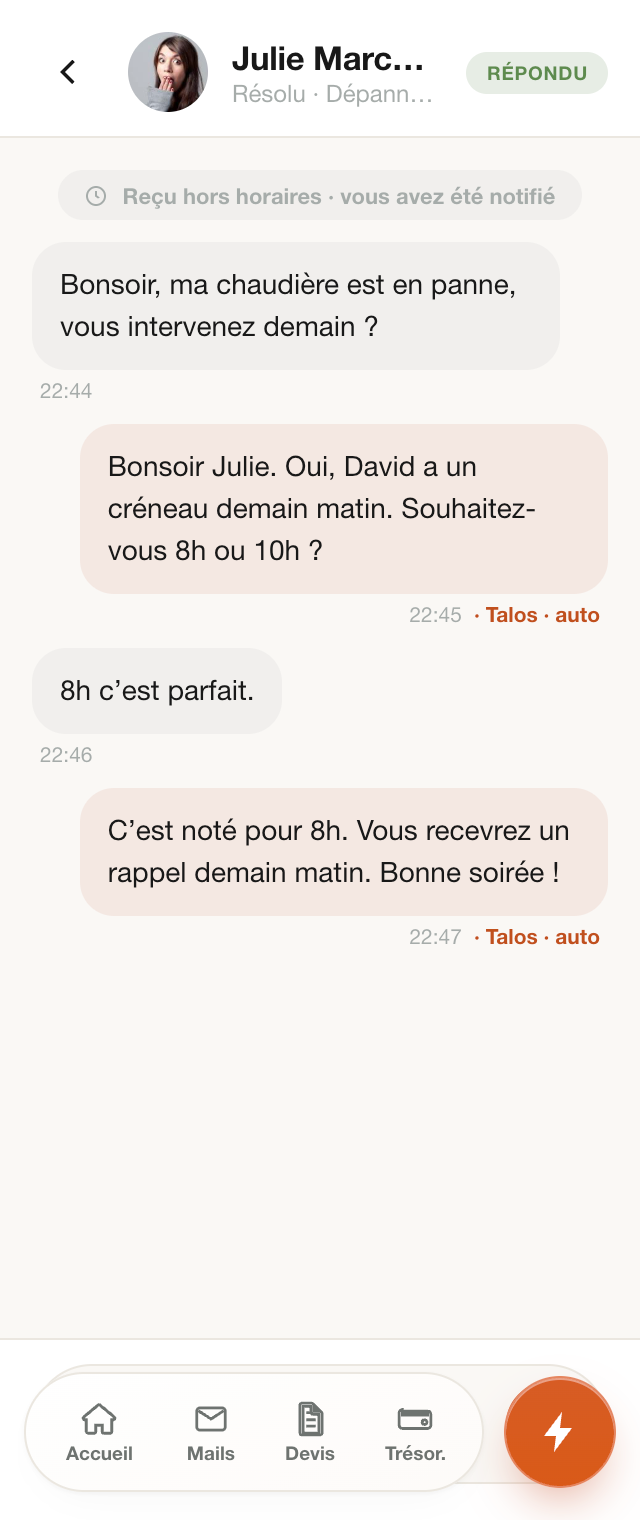 Conversation client répondue automatiquement par Talos en dehors des horaires