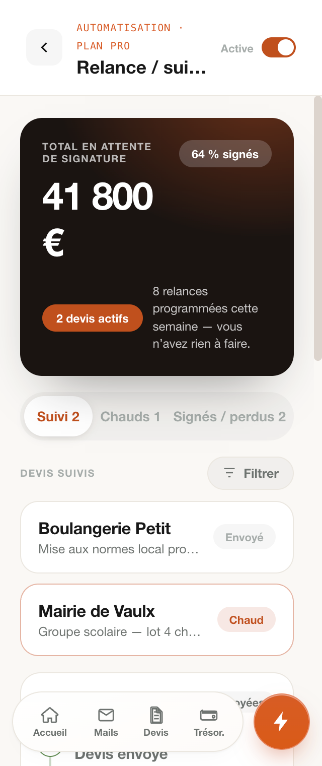 Suivi des devis en attente de signature et relances programmées par Talos