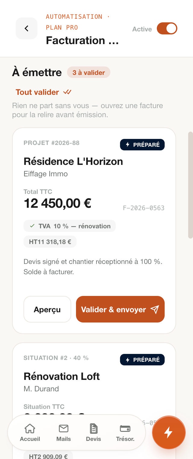 Factures préparées automatiquement par Talos, en attente de validation